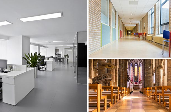 Collage showing clean interiors of an office, school and church