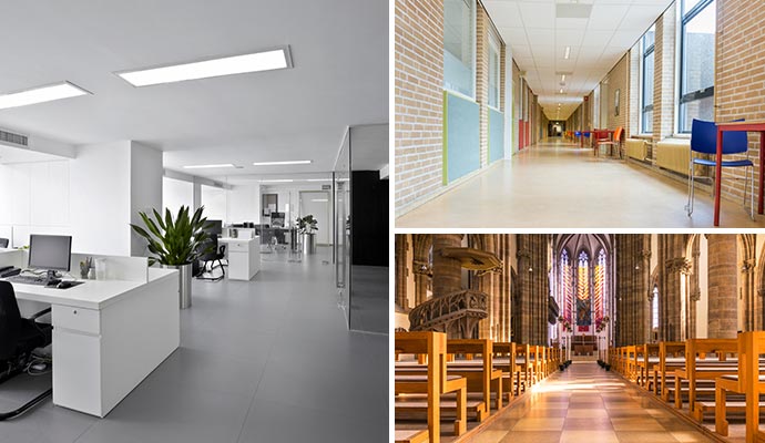 A collage show inside view of a office, school and church