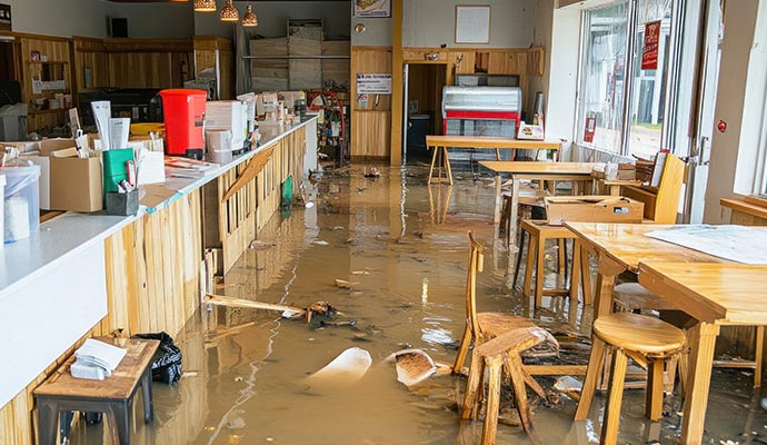 Flood-damaged restaurant interior with standing water