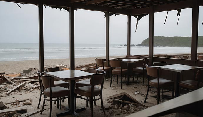 Restaurant damaged after a natural disaster