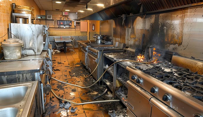 Restaurant kitchen interior after fire damage