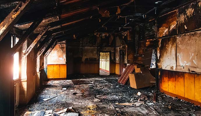 Severely fire damaged room