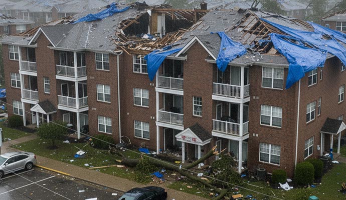 Storm-damaged multifamily property with visible exterior damage