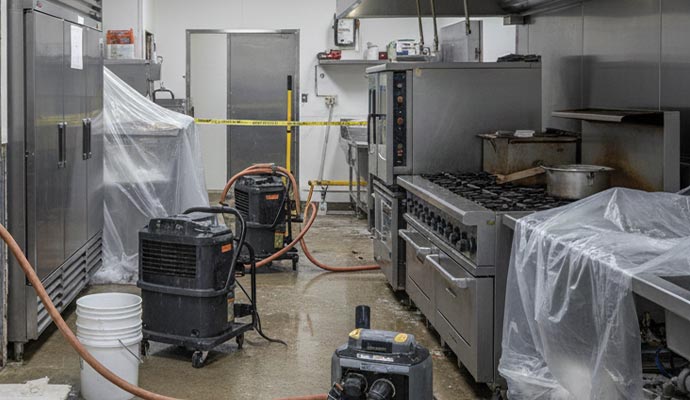 Restaurant kitchen undergoing water damage restoration with drying equipment