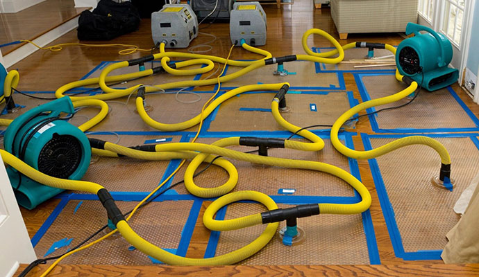 Dalworth technician using a water claw to extract water from flooring