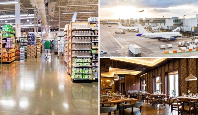 Collage of clean retail store airport and restaurants Collage of clean retail store airport and restaurants