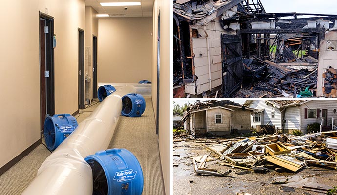 Collage image of fire, storm and water damage Collage image of fire, storm and water damage