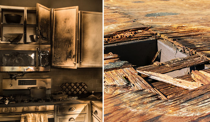 Fire damaged kitchen and water damaged floor.