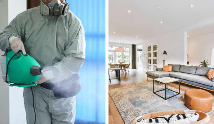 Collage of hvac disinfection and clean living room