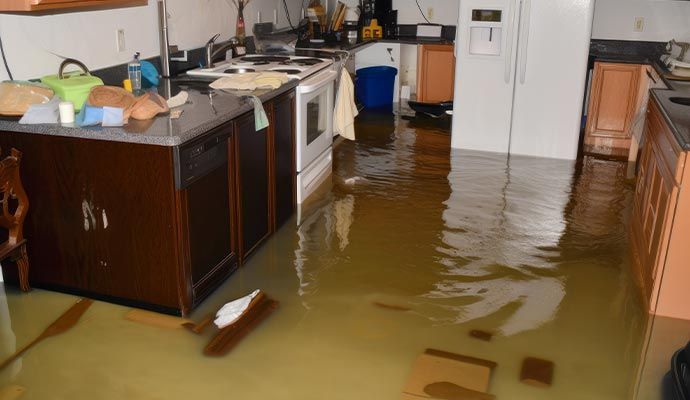 Severely flood-damaged kitchen