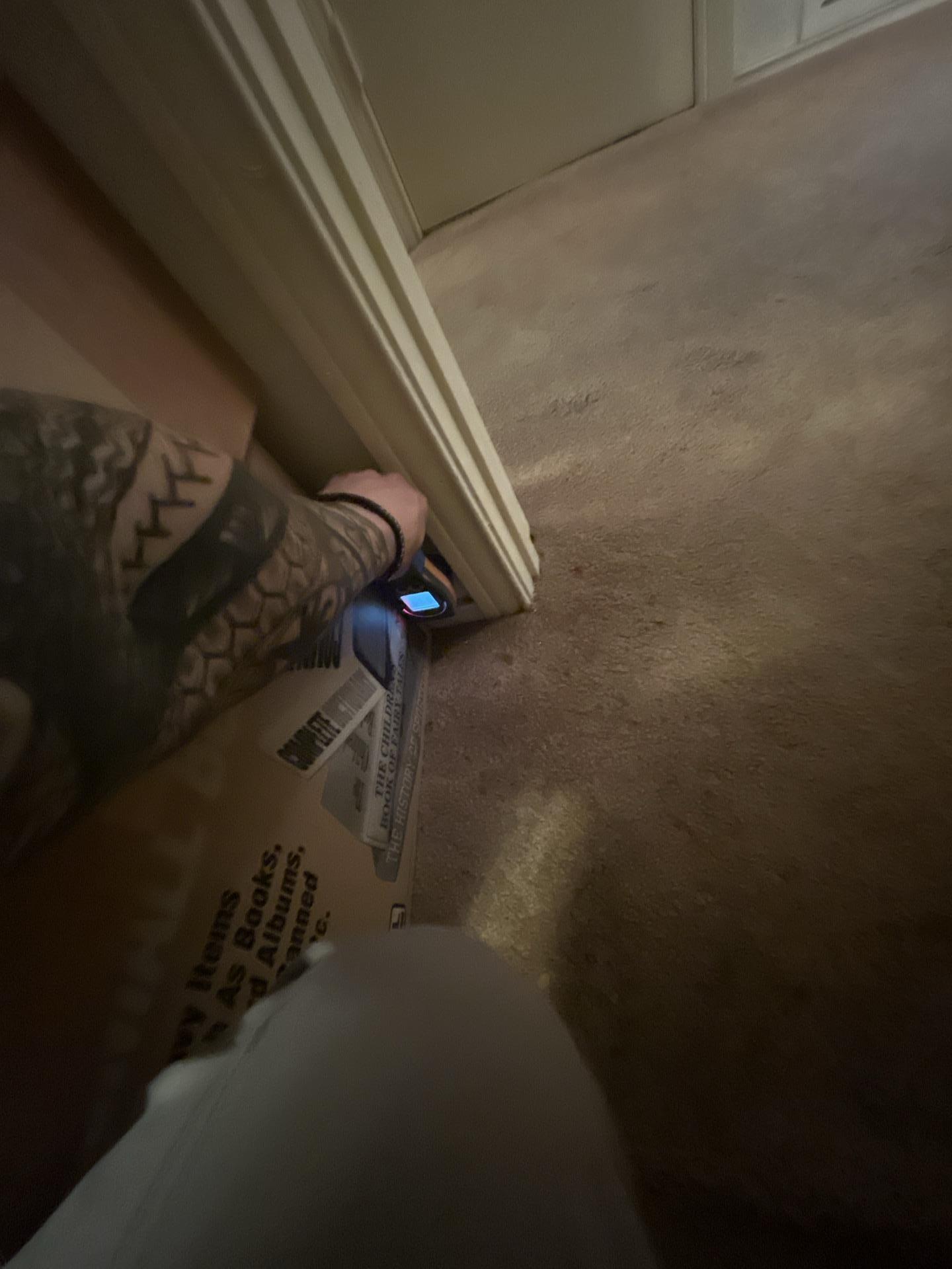 Dalworth Restoration technician using a moisture meter to detect hidden water damage in the carpet near a hallway doorway.