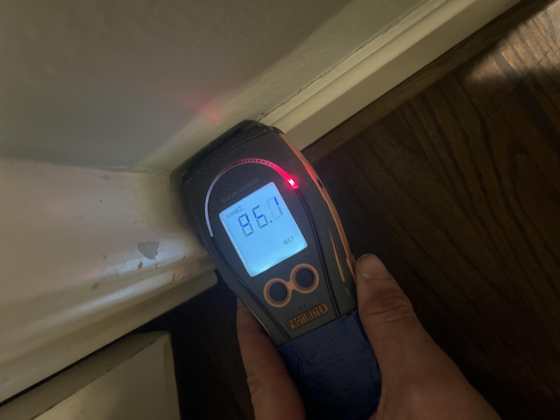 Professional Protimeter moisture meter registering high saturation levels along a water-damaged wooden baseboard