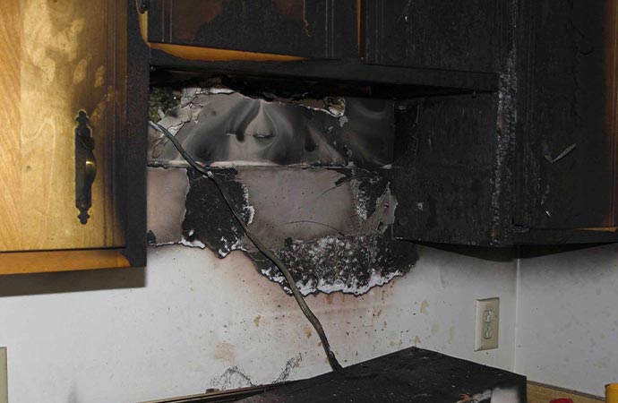 Fire damaged kitchen room