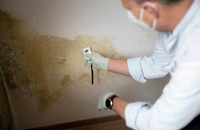 man test moisture level on a wall with mold in an apartment mold assessment