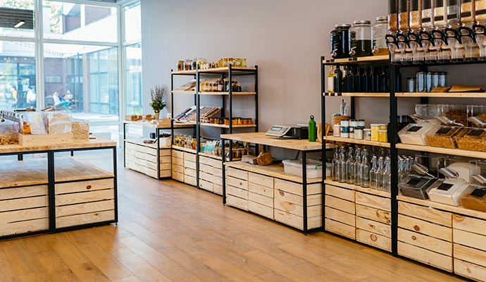 Interior of a modern retail store Interior of a modern retail store with organized shelves