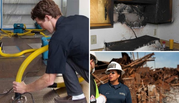 Collage of water damage restoration, fire damaged kitchen and disaster damage restoration planning Collage of water damage restoration, fire damaged kitchen and disaster damage restoration planning