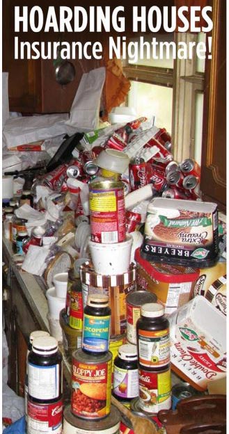 a hoarded house piled with material items and trash