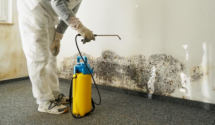 Person cleaning mold with equipment