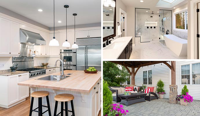 Collage of remodeled kitchen, bathroom and patio