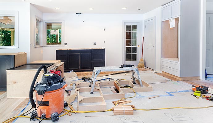 An interior view of a residential kitchen undergoing renovation