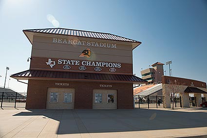 The Aledo, TX Bearcat Stadium is an 8,000 seat, football and soccer stadium featuring urethane track and a synthetic turf field.