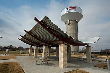 The Allen, TX water tower and picnic area.