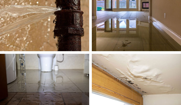 Burst pipe and home water damage collage