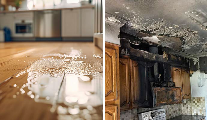 Collage of kitchen water damage and fire damage