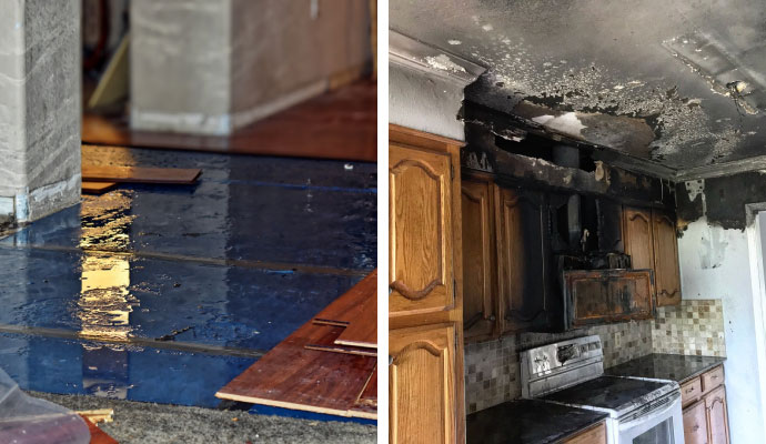 Collage of water and fire damage restoration