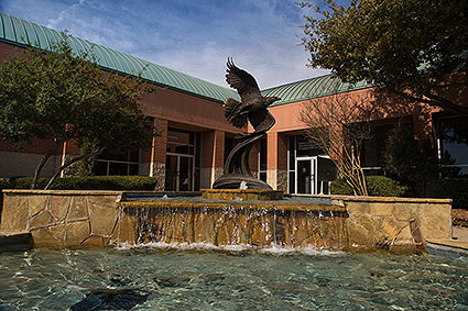 The bronze eagle sculpture rising out of the Hurst, TX City Hall fountain is called Temujin, which means rider of the heavens.