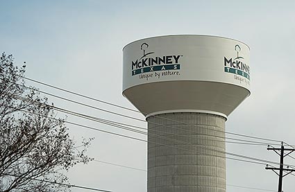A modern water tower in McKinney, TX.