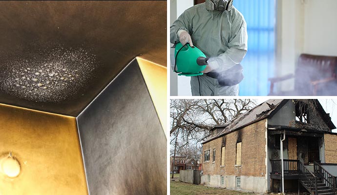 Collage of smoke damaged wall, odor removal service and boarded up house