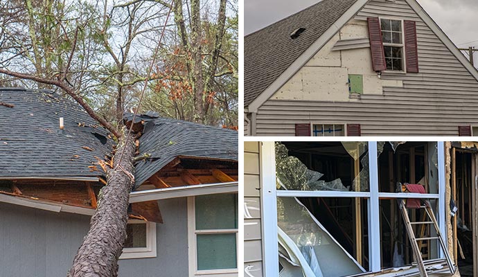 Collage of storm damaged house damaged house siding and broken window