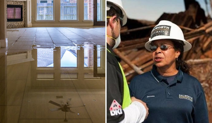 Collage of flood damaged floor and disaster restoration planning