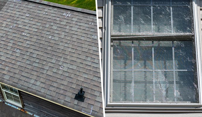 Collage showing roof damage marked with white circles and hail damaged windows