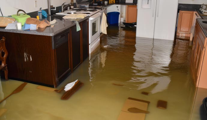 Kitchen floor covered with water due to flooding