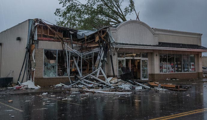 Storm-damaged exterior of retail store