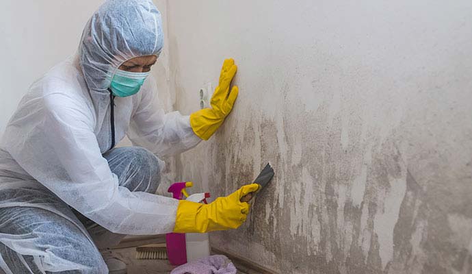 Technician removing black mold from wall
