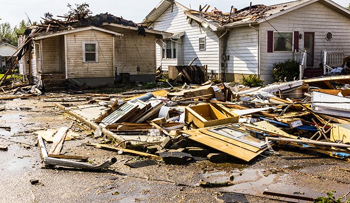 Tornado-damaged house with debris scattered across the yard