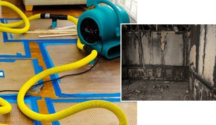 Water damage restoration and fire damaged room