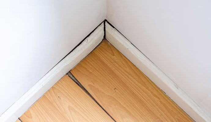 Baseboard moisture damage in a room corner
