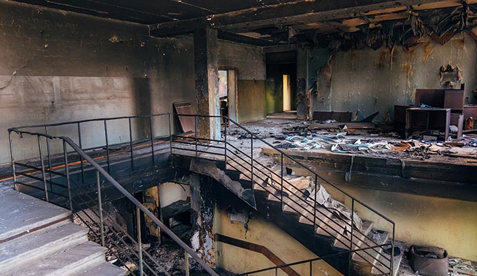 Interior of a severely fire-damaged building