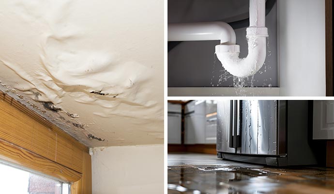 Collage of ceiling leak, plumbing leak, and appliance leak