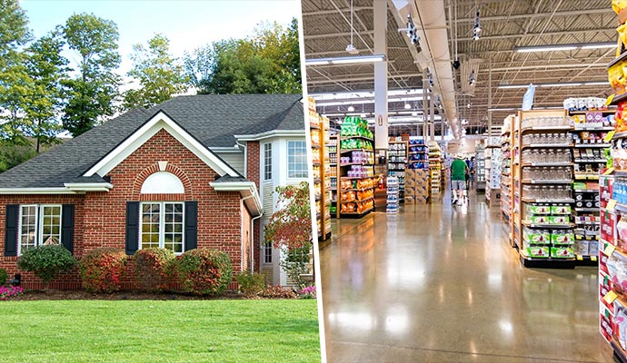 Collage of a residential house exterior and retail store interior with organized shelves