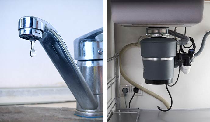 Collage of leaky faucets and garbage disposal unit