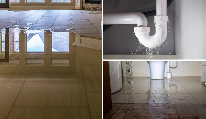 Collage showing various water damage issues including flooded floors and leaking pipes