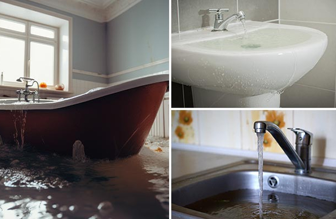 Collage of overflowing bathtub, basin and kitchen sink