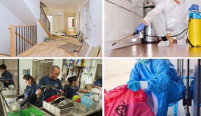 collage of rsconstruction,mold remediation, content restoration