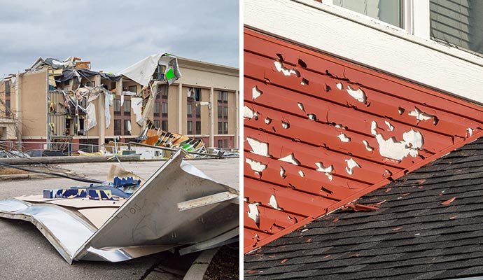 Collage of a storm-damaged building and hail damaged siding