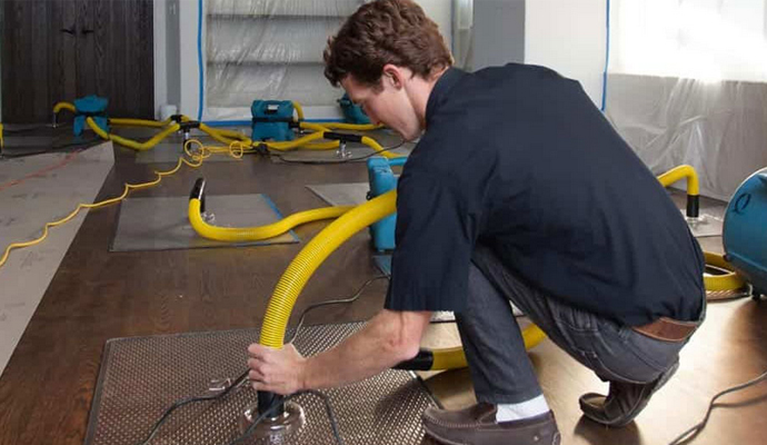 Technician fixing water-damaged hardwood floor Technician fixing water-damaged hardwood floor